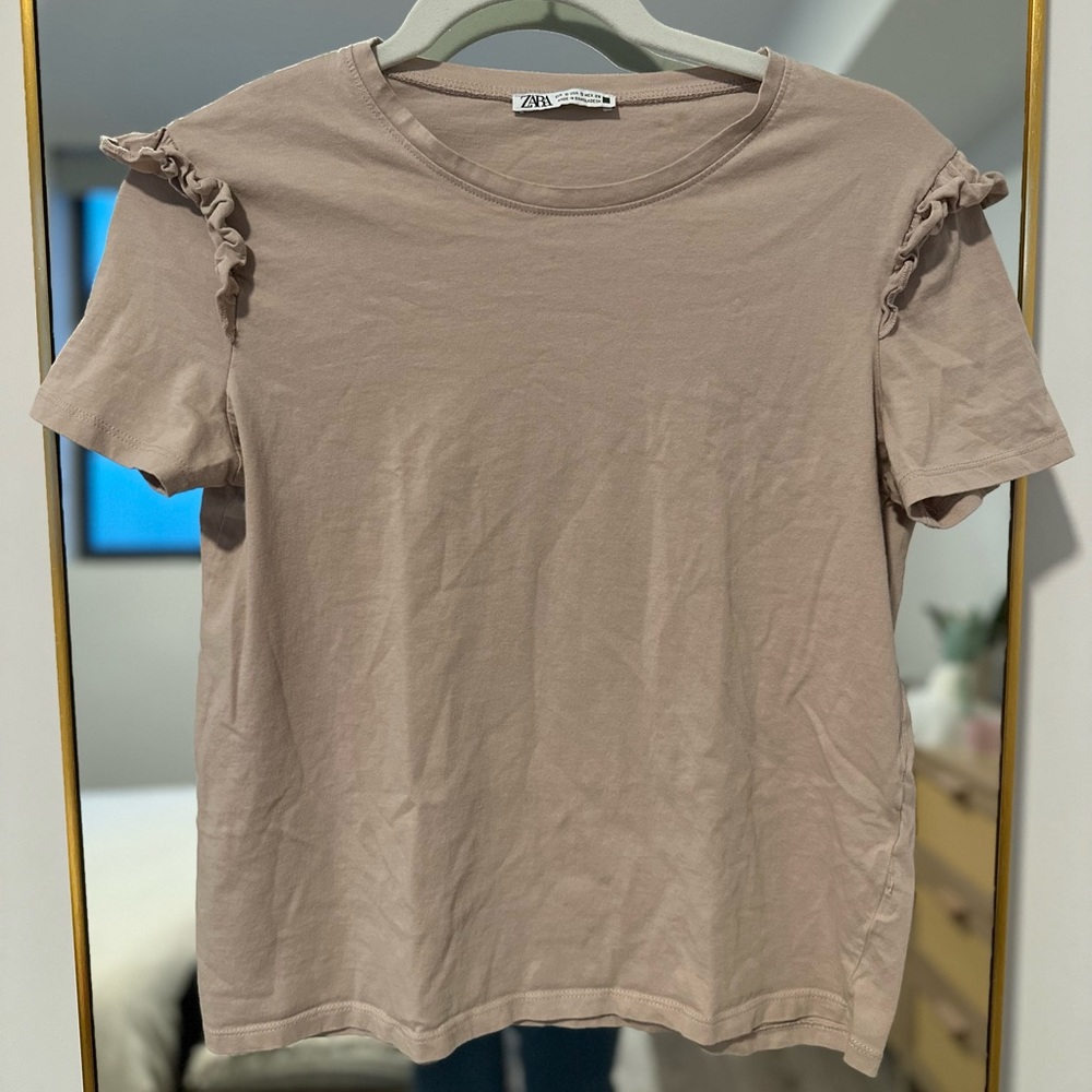 Zara Beige Nude Ruffle Short Sleeve T-Shirt